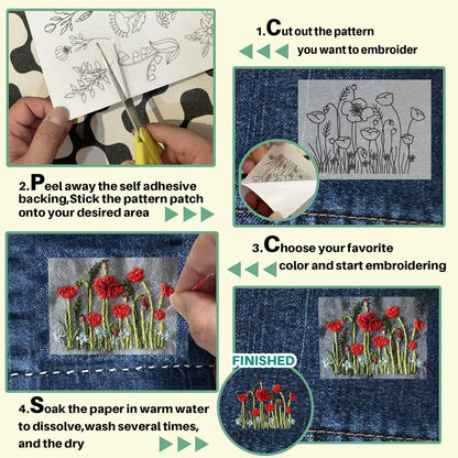 Water Soluble Stick and Stitch Embroidery Paper with Pre-Printed Flowers and Leaf Patterns