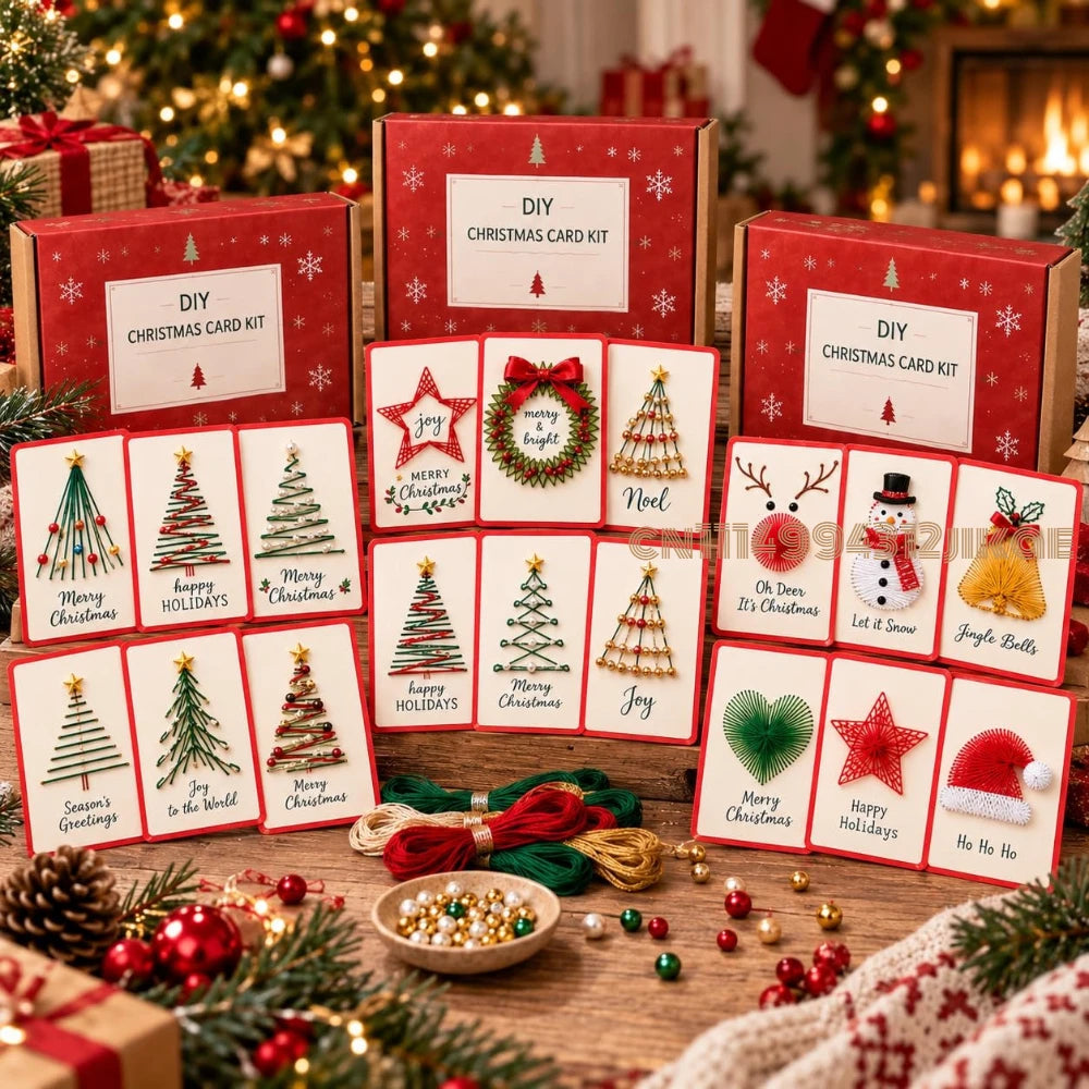 Three red DIY Christmas card kit boxes are arranged on a wooden table with completed sample cards displayed in front. 