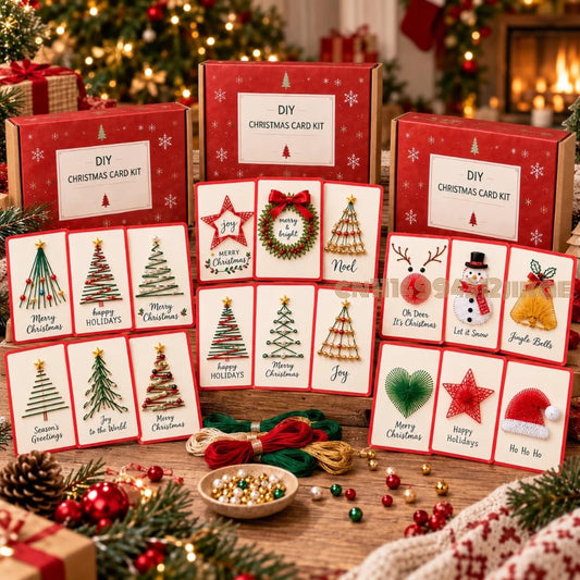 Three red DIY Christmas card kit boxes are arranged on a wooden table with completed sample cards displayed in front. 