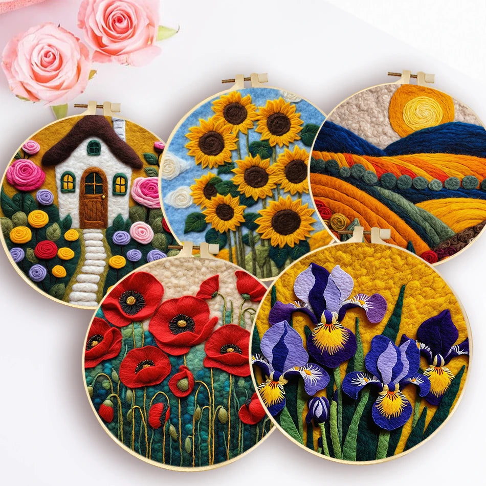collage of 5 needle felted landscape and flower scenes: House with flowers, a filed of sunflowers, painted fields with a bright sun, red poppies with a black center, and purple and yellow bearded iris