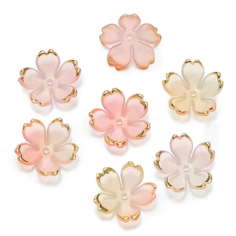 50 pcs Cherry Blossom, Acrylic, Golden Brushed Beads