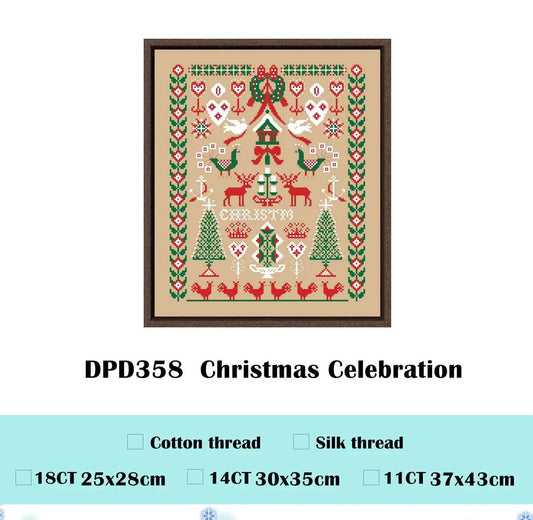 Christmas Celebration Cross Stitch Sampler Kit – Flaxen Canvas in 11ct, 14ct or 18ct