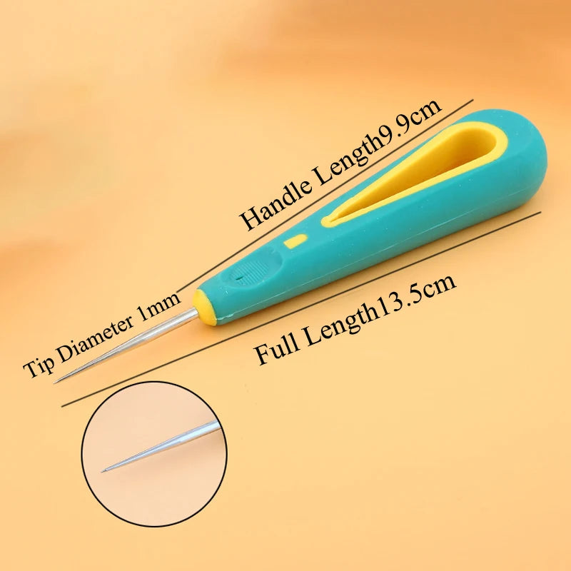 Teal and yellow punch needle tool with measurements