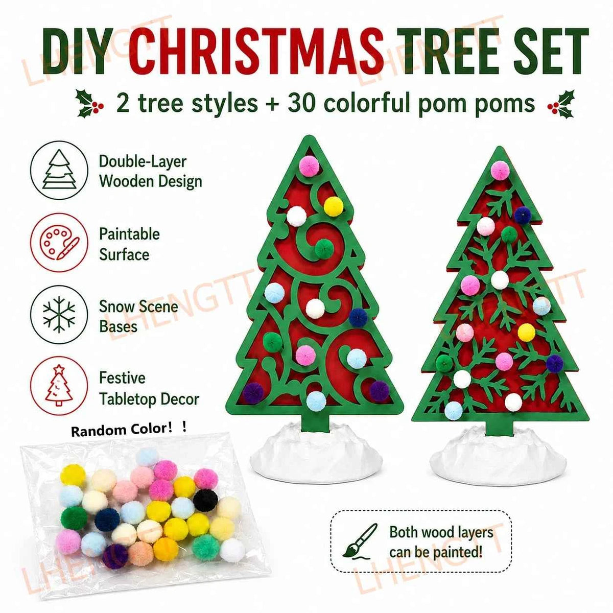 DIY Wooden Christmas Tree Decorating Set – 2 Trees with 30 Pom Poms