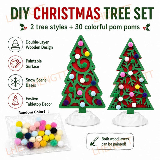 DIY Wooden Christmas Tree Decorating Set – 2 Trees with 30 Pom Poms