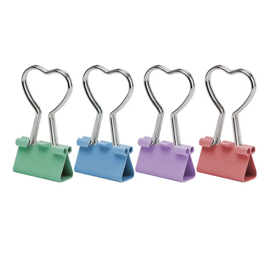 Four heart-shaped binder clips in mint green, light blue, lavender, and coral pink