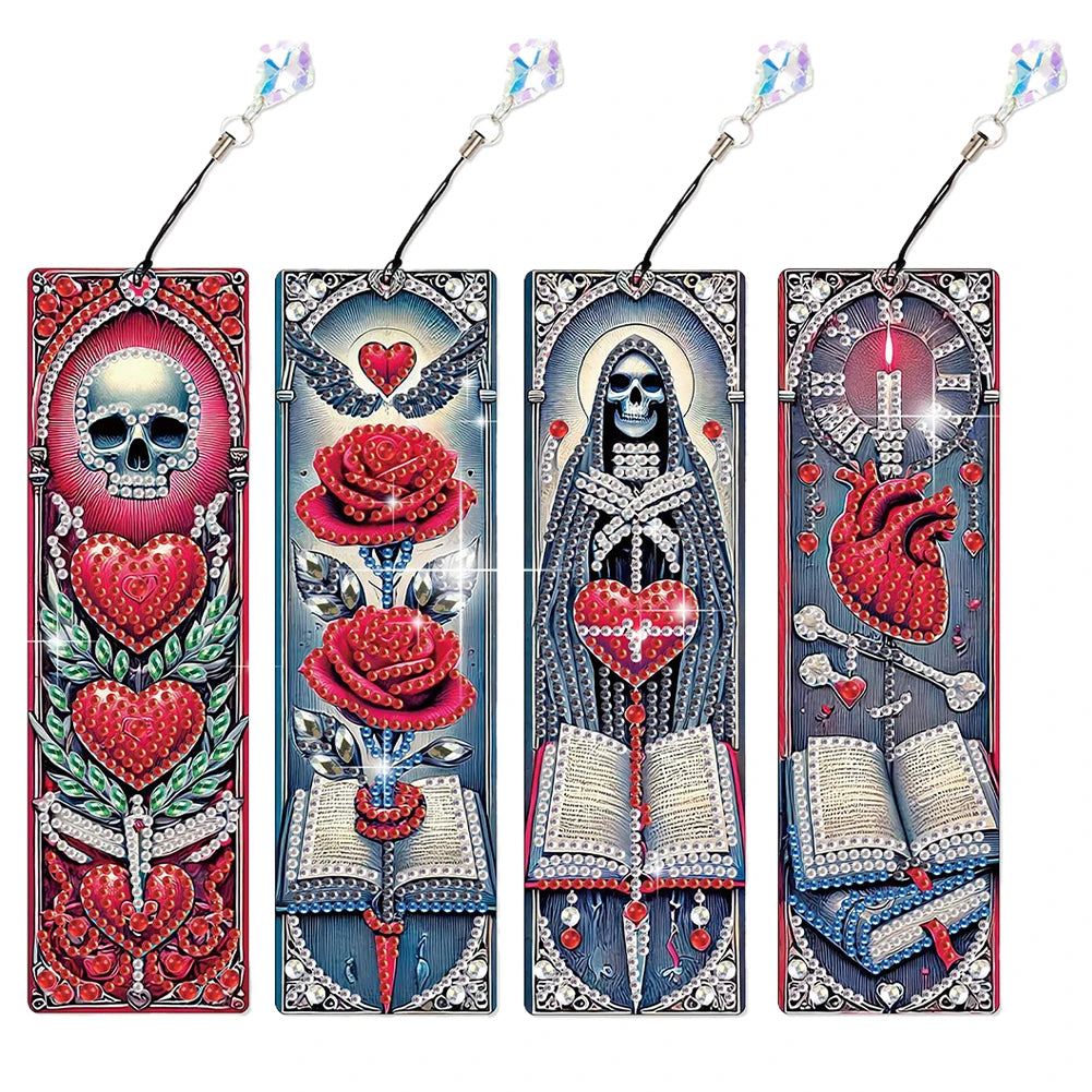 Four decorative rectangular bookmarks with hanging loops, each featuring a gothic religious and floral design. The designs include a skull with red hearts, a skeleton with roses, a crowned skeleton with an open book, and a skeleton with an anatomical heart and cross, all rendered in a jewel-like red, blue, white, and silver style 