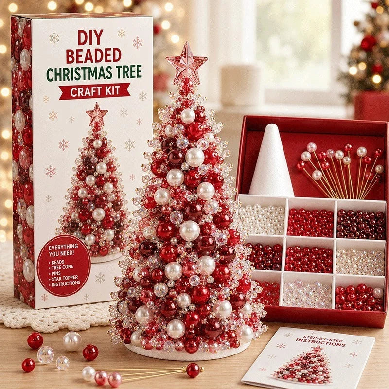 DIY Beaded Christmas Tree Craft Kit shown with its box, an assembled red and white beaded tree, a red organizer tray with beads and pins, and an instruction card on a tabletop 