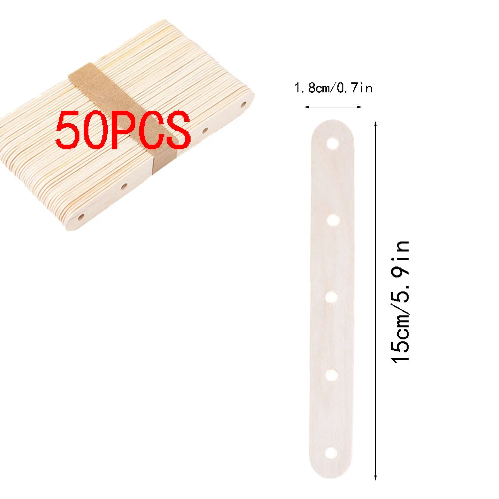 A pack of 50 wooden candle wick centering tool with dimension labels indicating 15cm length and 1.8cm width
