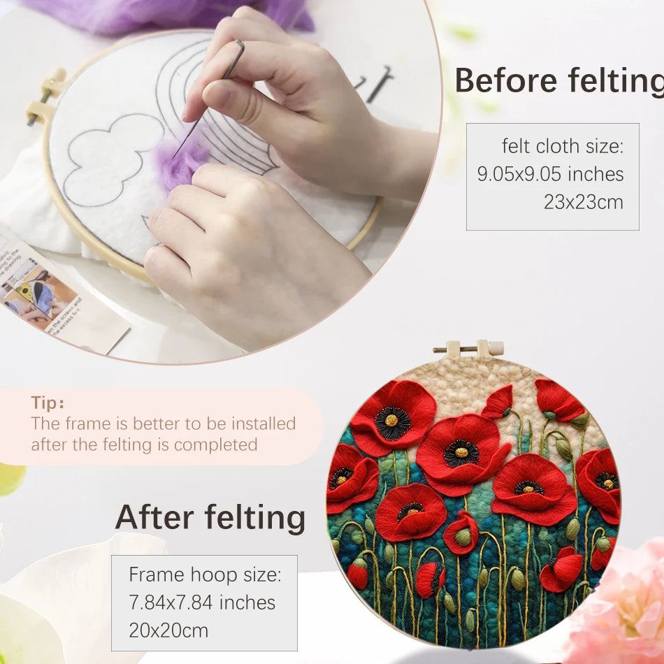 A product information graphic for a felt embroidery hoop kit, showing a before-and-after comparison. The top circular inset shows hands holding a wooden hoop with white felted cloth and a purple felt flower, with text stating the felt cloth size is 9.05 inches - 23x23cm