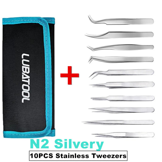 10Pcs Tweezers Set With Bag - Stainless Steel Anti-Static Precision Tweezer Kits