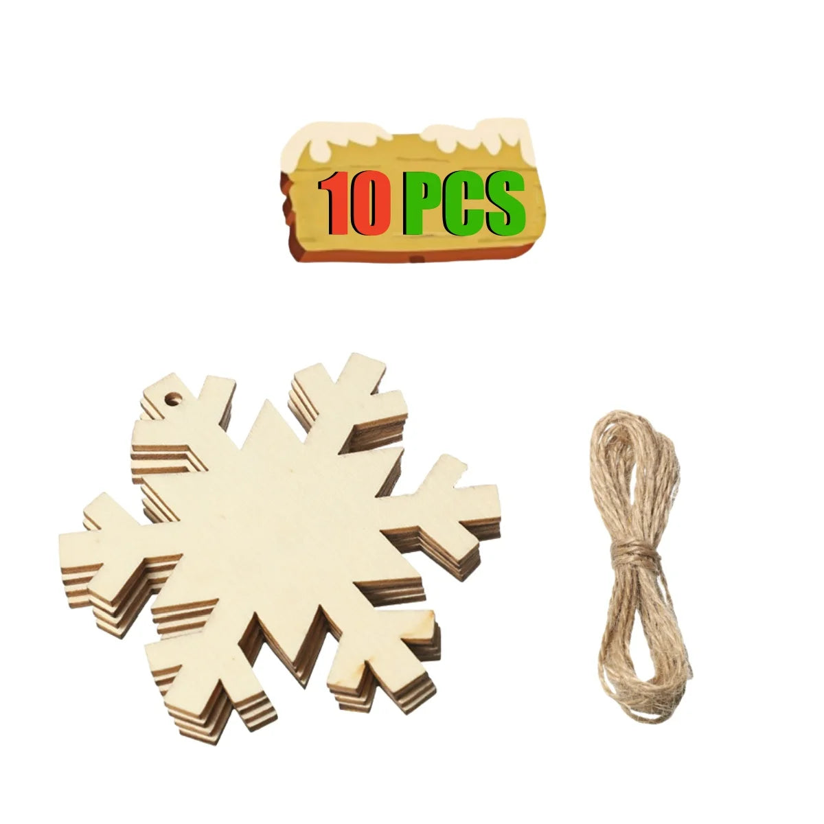 10 pieces wooden snowflake ornament for decorating with a cord for hanging
