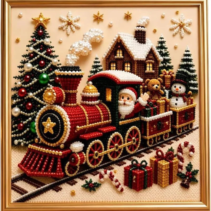 A framed Christmas diamond art piece depicting a red and gold train with Santa Claus, a snowman, a house, decorated trees, candy canes, and wrapped gifts 