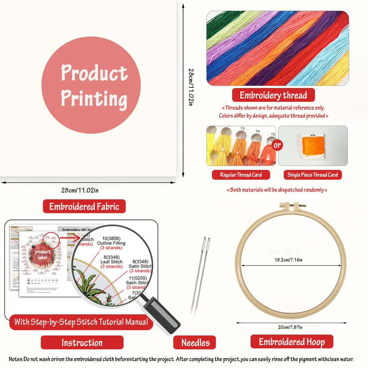 A product information and component layout graphic for an embroidery hoop kit. It shows the product title 'Product Printing' in a pink circle, a multicolor embroidery thread swatch labeled 'Embroidery thread,' a fabric sample labeled 'Embroidered Fabric,' an instruction manual, two needles, and a wooden hoop with dimensions.