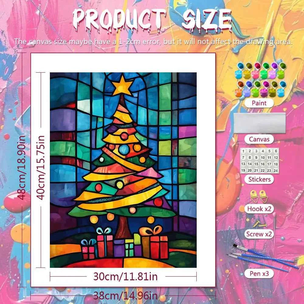 Stained Glass Christmas Tree Paint by Numbers Kit – Colorful Holiday Canvas, 3 Sizes