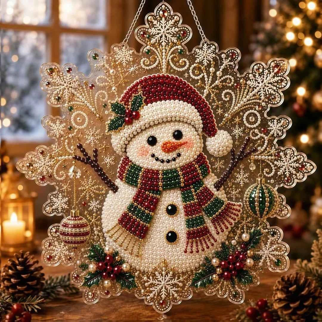 Christmas Pearl Diamond Painting Suncatcher Kit – 20cm Snowflake with Metal Chain, 4 Designs