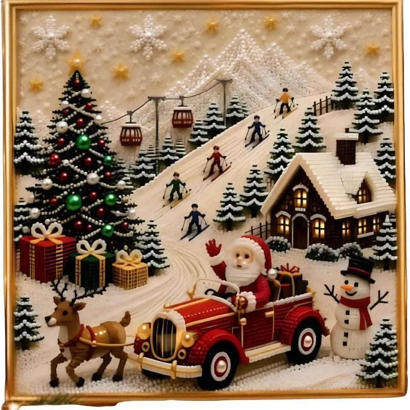 A square framed holiday diamond art showing Santa driving a red vintage car on a snowy ski slope, with a Christmas tree, gifts, skiers, a cabin, snowman, reindeer, and mountains in the background.
