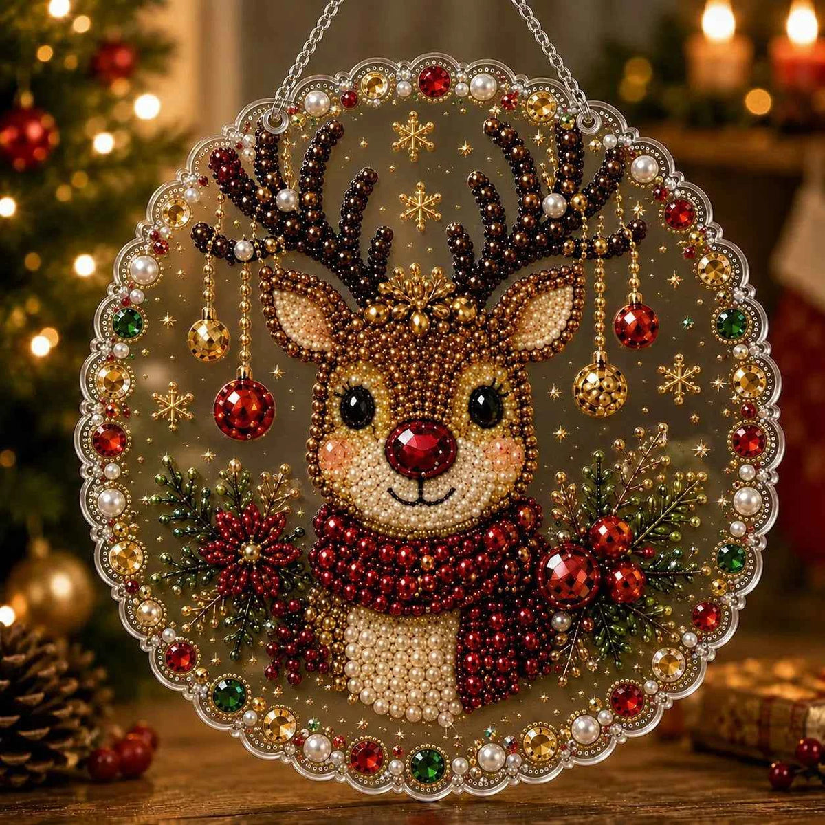 Christmas Pearl Diamond Painting Ornament – Round Acrylic Hanging Decor, Santa, Snowman or Reindeer