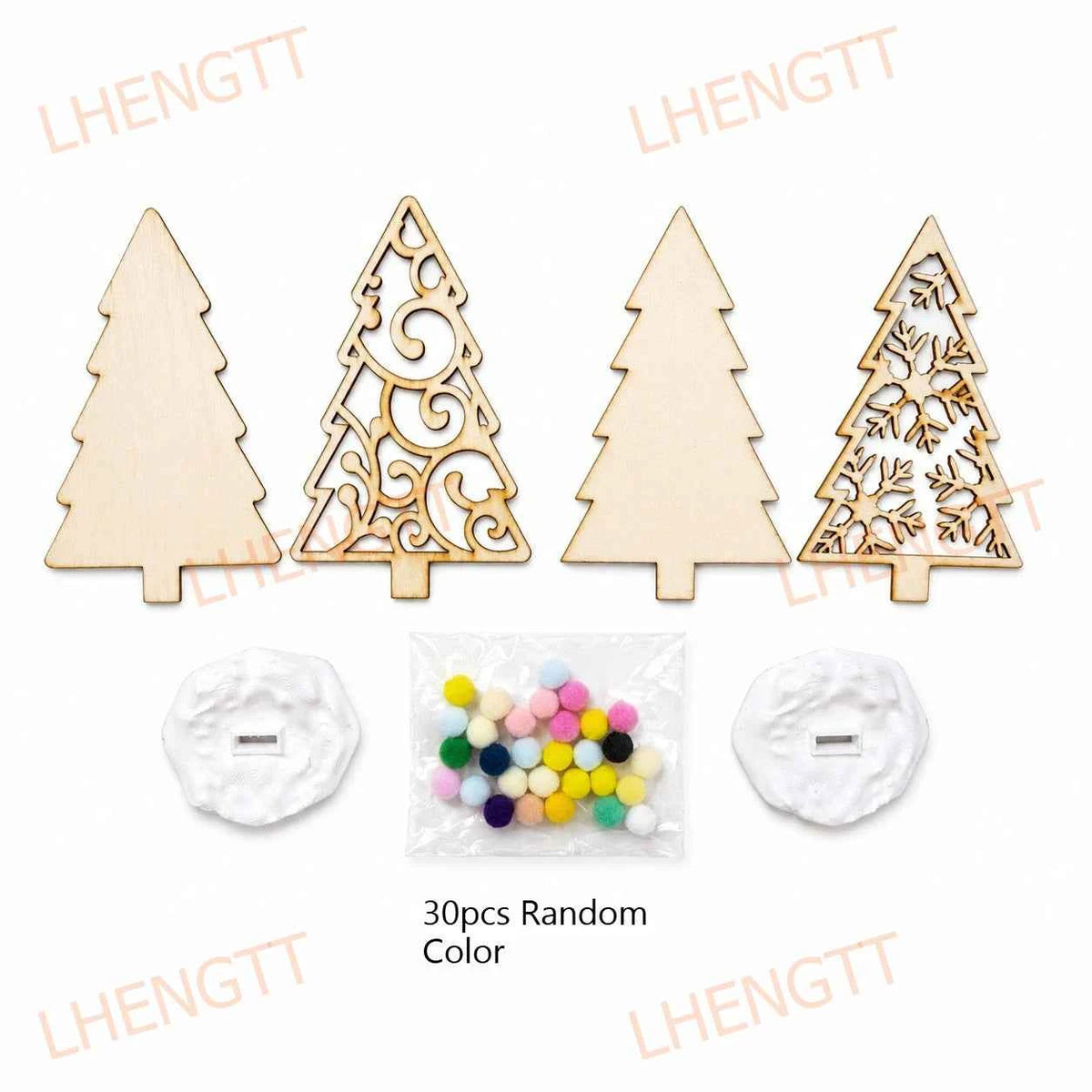 DIY Wooden Christmas Tree Decorating Set – 2 Trees with 30 Pom Poms