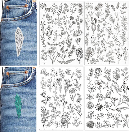 Water Soluble Stick and Stitch Embroidery Paper with Pre-Printed Flowers and Leaf Patterns