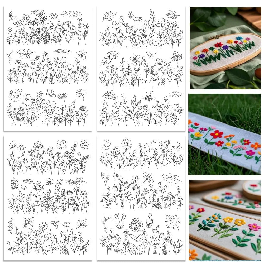 4-Sheets Large Embroidery Pre-Printed Floral, Plant & Bonsai Designs on Water-Soluble Stick & Stitch Paper