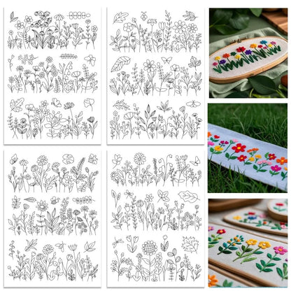 4-Sheets Large Embroidery Pre-Printed Floral, Plant & Bonsai Designs on Water-Soluble Stick & Stitch Paper