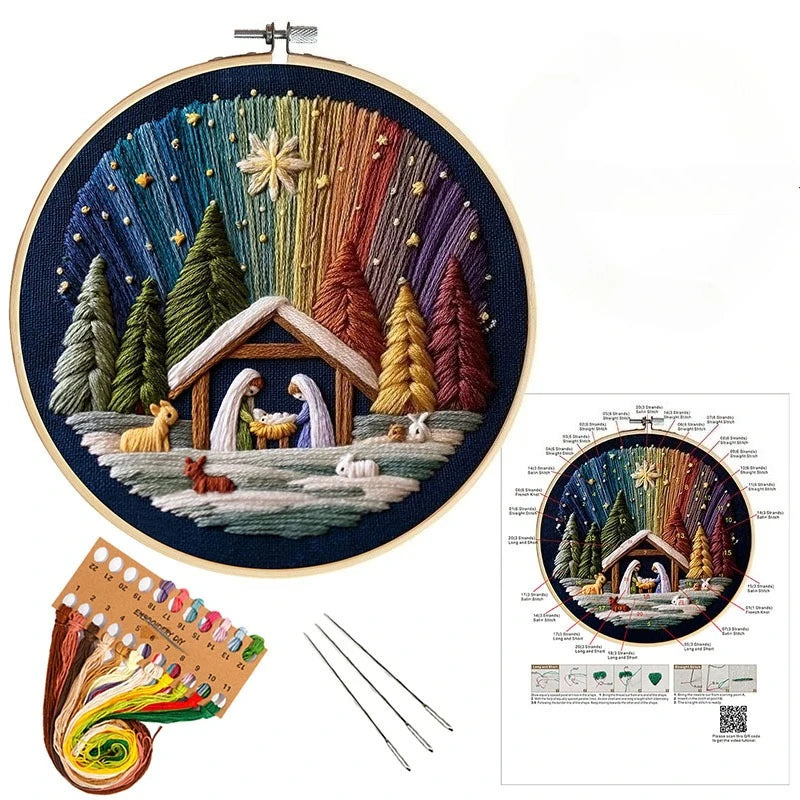 Night Nativity embroidered scene in bright colors