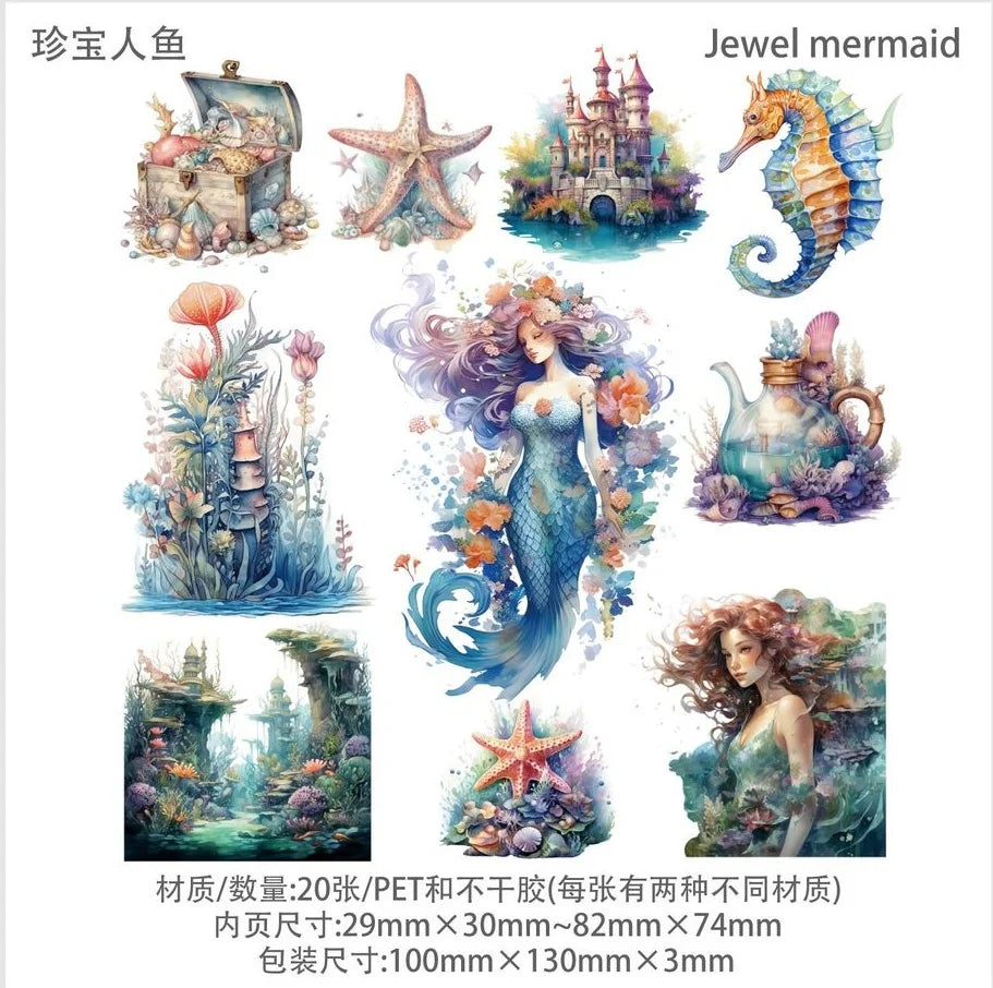 Set of colorful mermaid-themed stickers with various sea creatures and landscapes.
