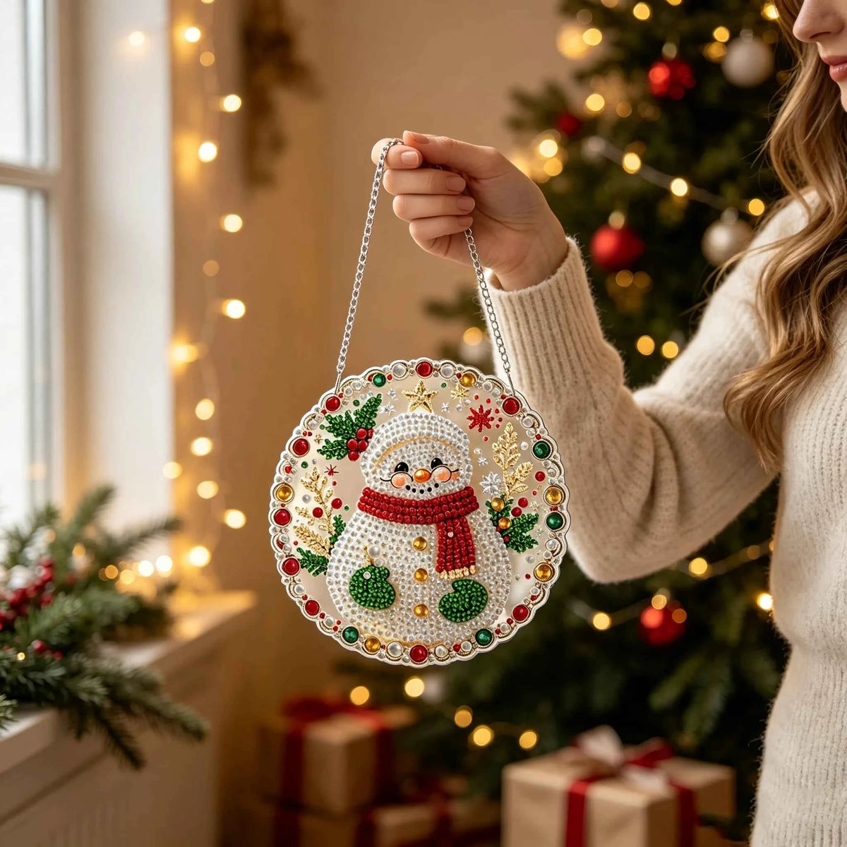Christmas Pearl Diamond Painting Ornament – Round Acrylic Hanging Decor, Santa, Snowman or Reindeer