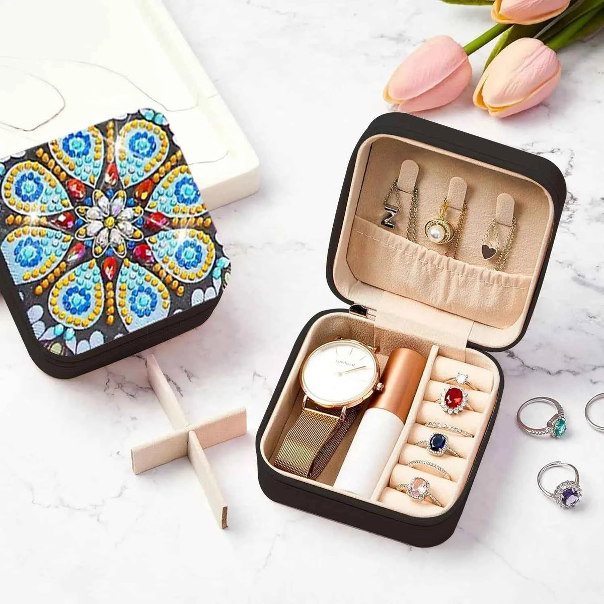 Diamond Art Travel Jewelry Box Kit, Black Square or Pink Round
