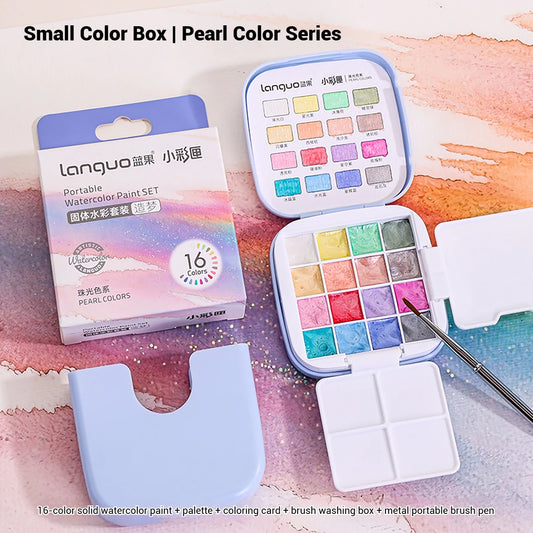 16 Pearlescent Colors Mini Portable Watercolor Paint Set with Paintbrush & Palette