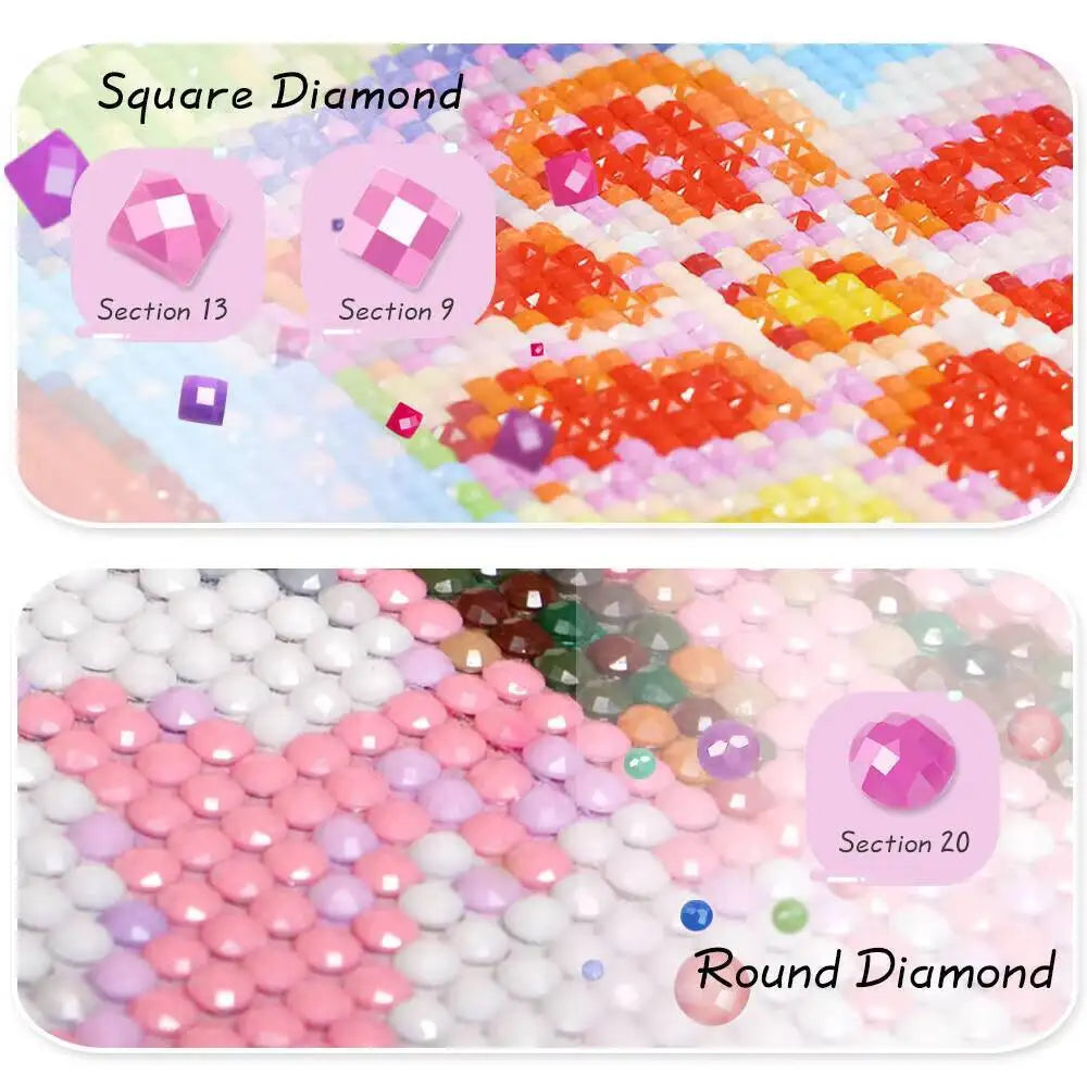 Two sections of decorative stones labeled 'Square Diamond' and 'Round Diamond' with colorful patterns.