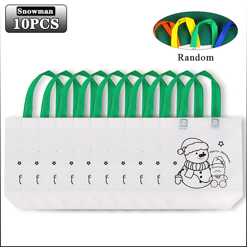 A set of 10 white Christmas-themed gift bags with green handles, featuring a snowman and teddy bear cartoon illustration 