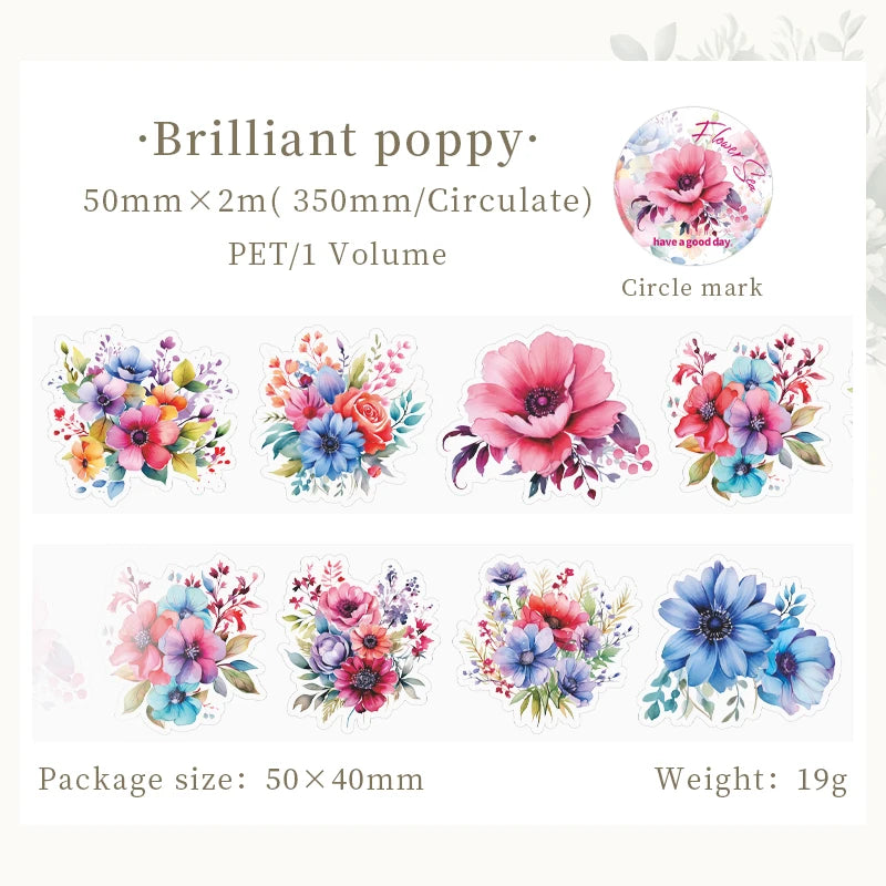 Floral Poppy designed stickers 50mm x 2m roll PET