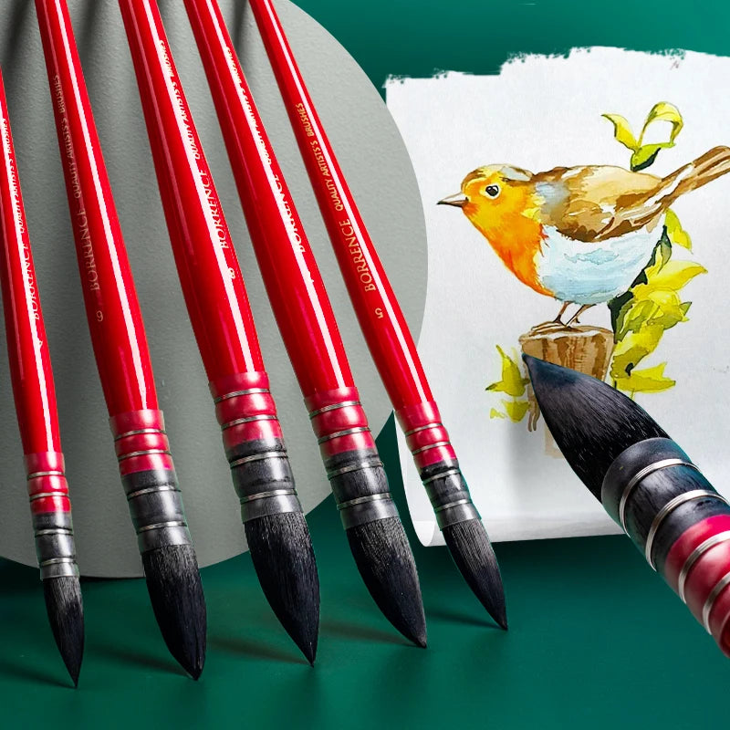 Squirrel Hair (Black handle) and Nylon (Red handle) Round Head, Pointed, Mop Brush for Watercolor