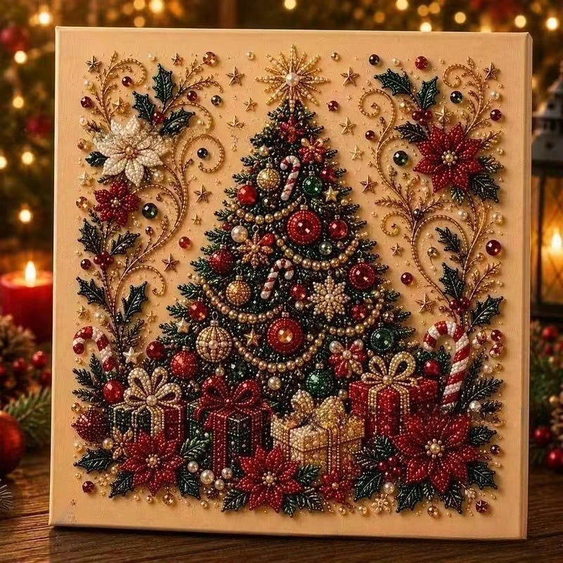 A square diamond art painting featuring a decorated Christmas tree, gifts, candy canes, holly, and floral motifs 