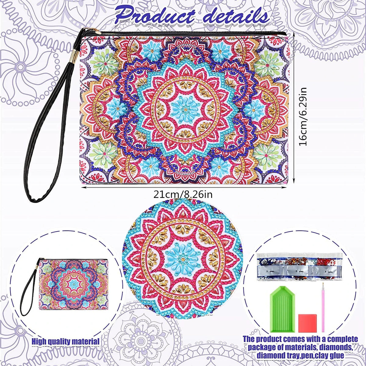 A colorful wristlet pouch with a bright diamond art mandala print, shown with dimension labels (21cm x 16cm) and product detail callouts 