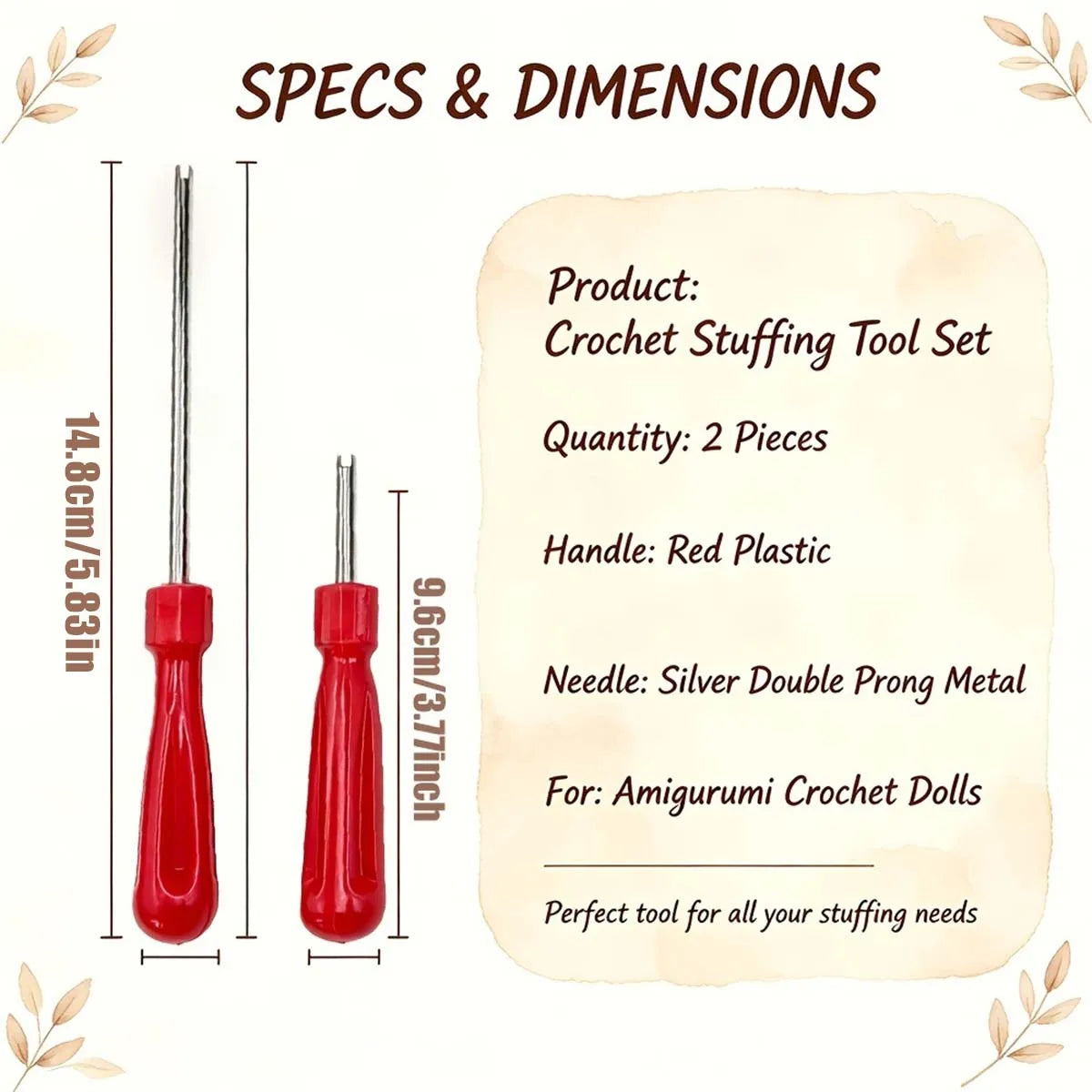 Specs and dimensions graphic for a crochet stuffing tool set, showing two red-handled metal tools with measurements on a light beige background with decorative corner leaves and a product details box.