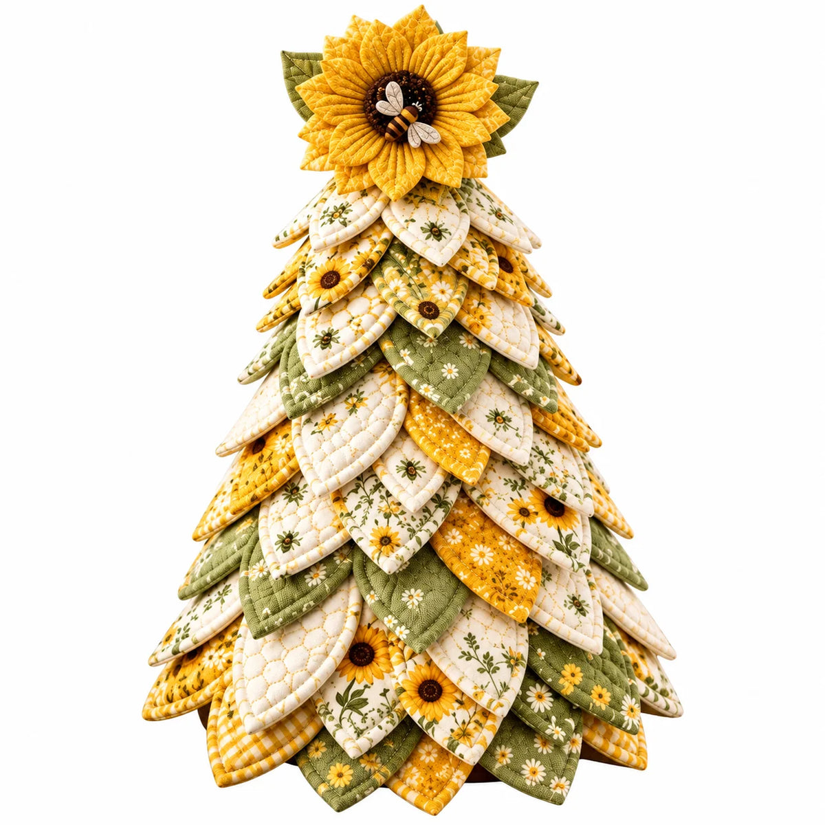 A decorative quilted tree made from layered fabric leaves in yellow, cream, and sage green floral prints, topped with a large yellow sunflower and green leaves on a white background.
