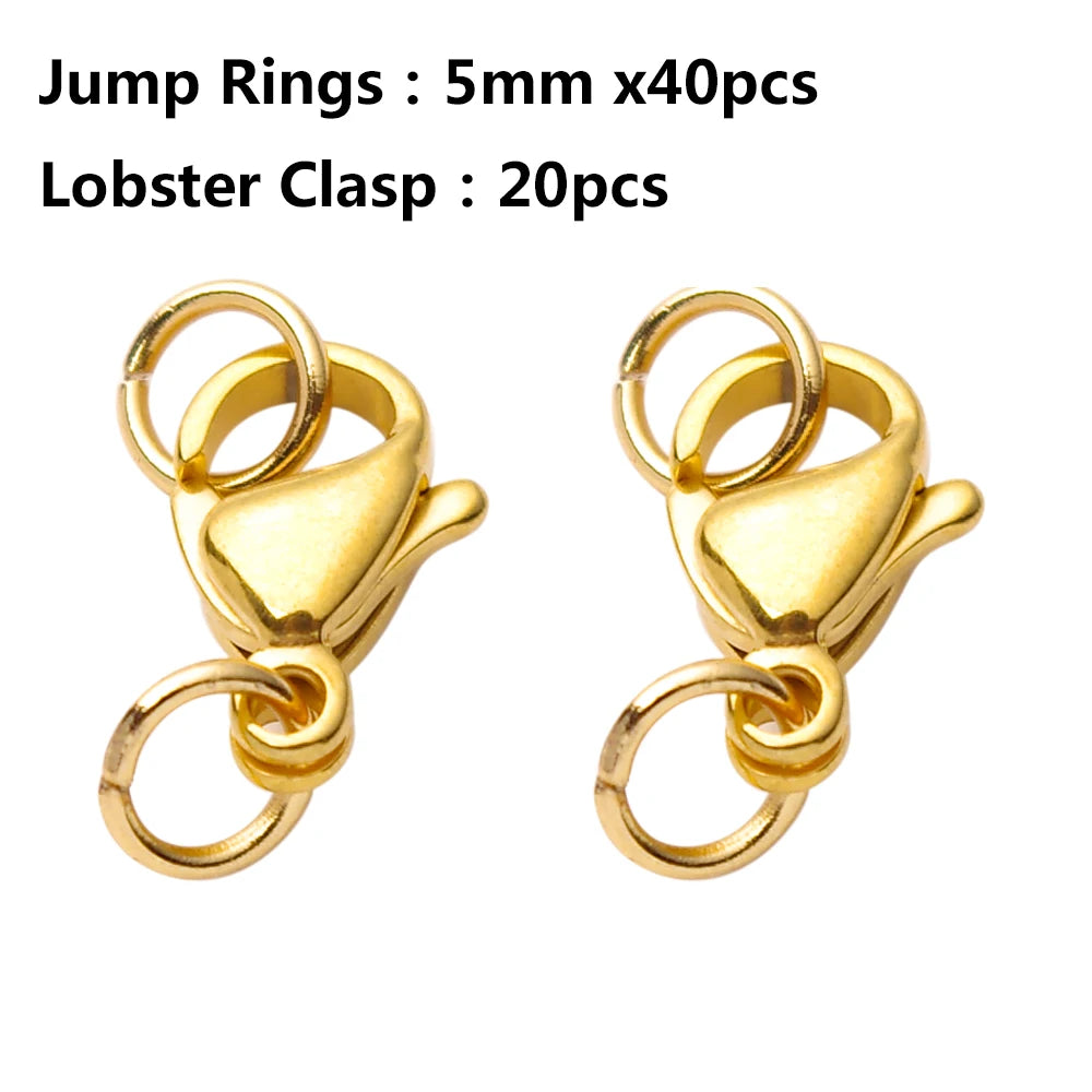 20-40pcs Gold Stainless Steel Lobster Clasps, Hook, Connector, Jump Rings for Bracelet or Necklace