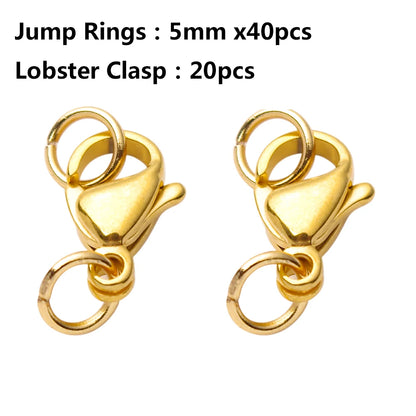 20-40pcs Gold Stainless Steel Lobster Clasps, Hook, Connector, Jump Rings for Bracelet or Necklace