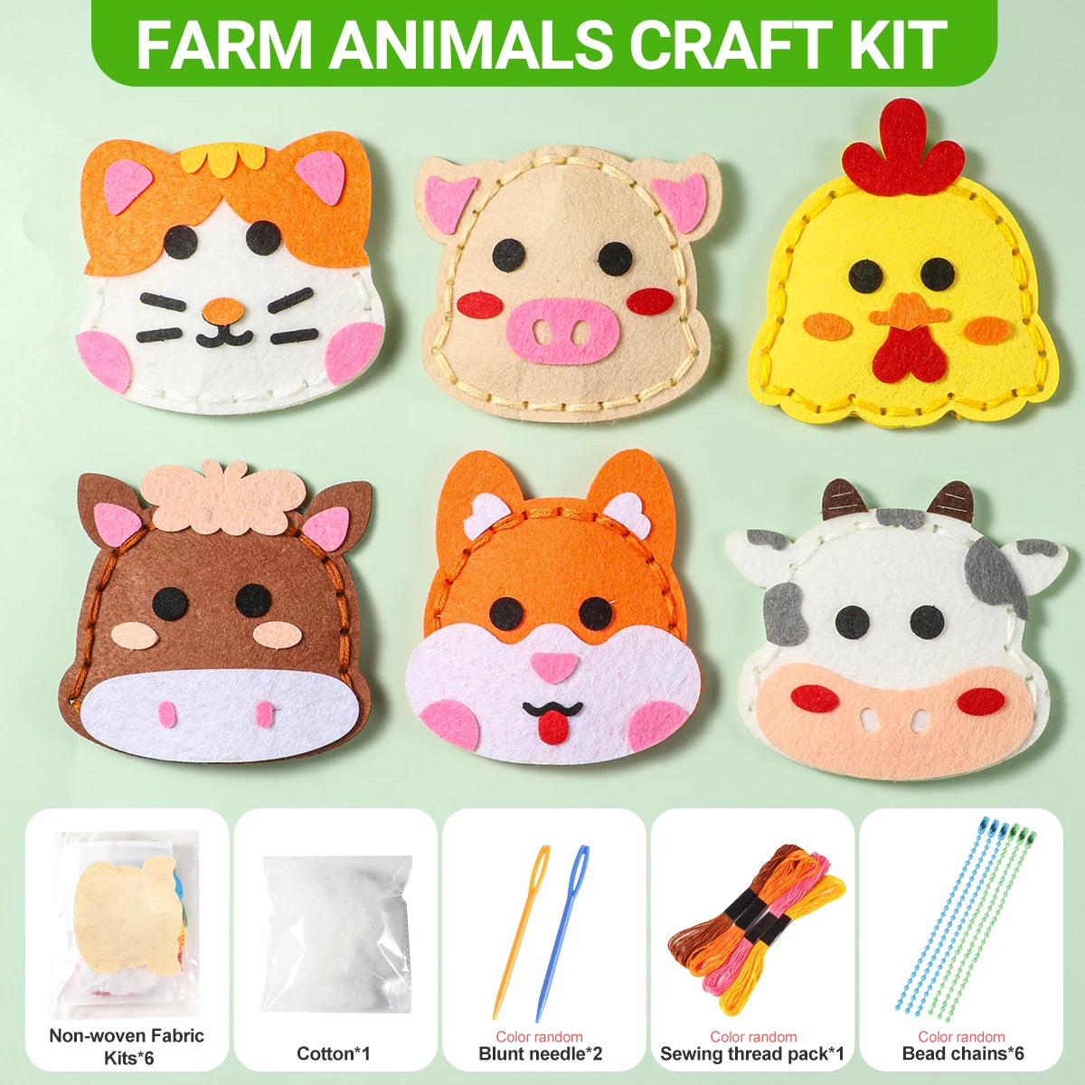 6-piece Farm Animal Beginner Hand Sewing Kit