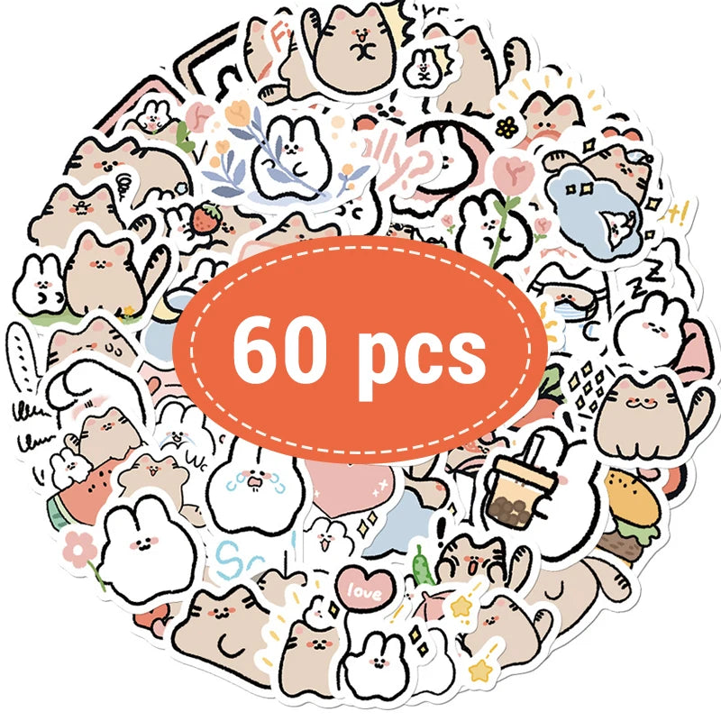 60pcs Cartoon Rabbit & Cat Stickers | Kawaii Hand-Drawn Stickers for Journals & Kids
