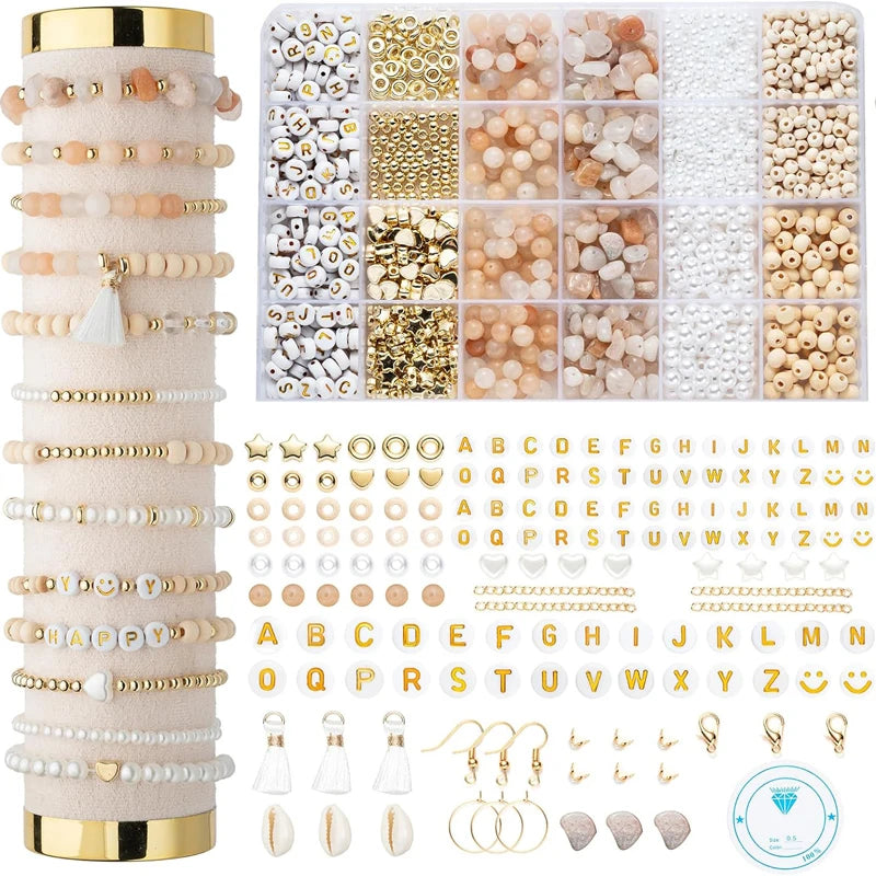 Jewelry-making supplies including stone beads, spacers, and earring and jewelry findings in organizer case