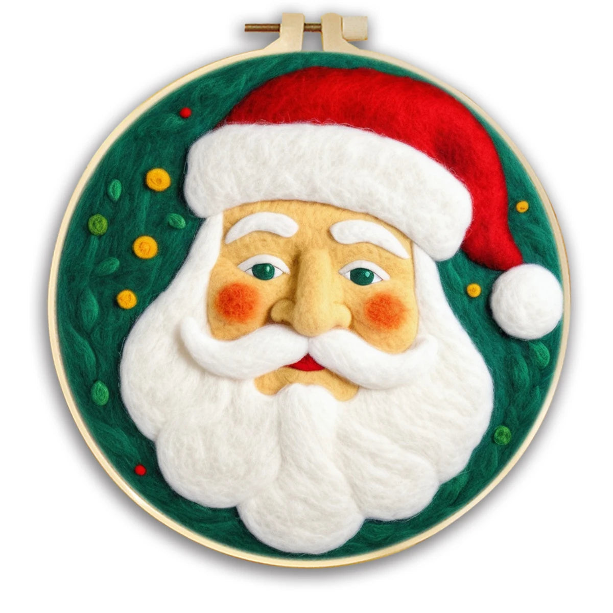 Needle felted Santa portrait with a green background in a hoop frame
