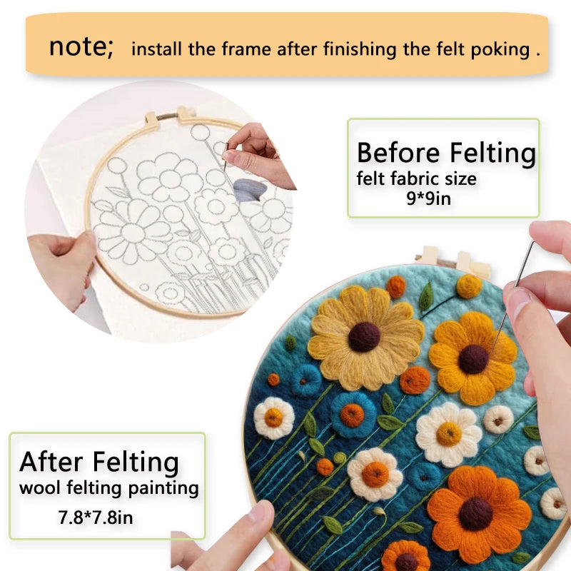 Floral felt craft project with embroidery hoop and felting wool on a white background