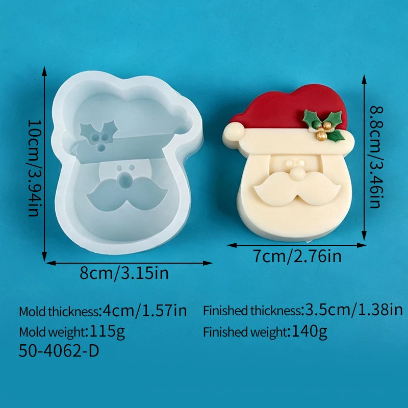 Santa silicone mold shown alongside the finished Santa face candle 7cm x 8.8cm