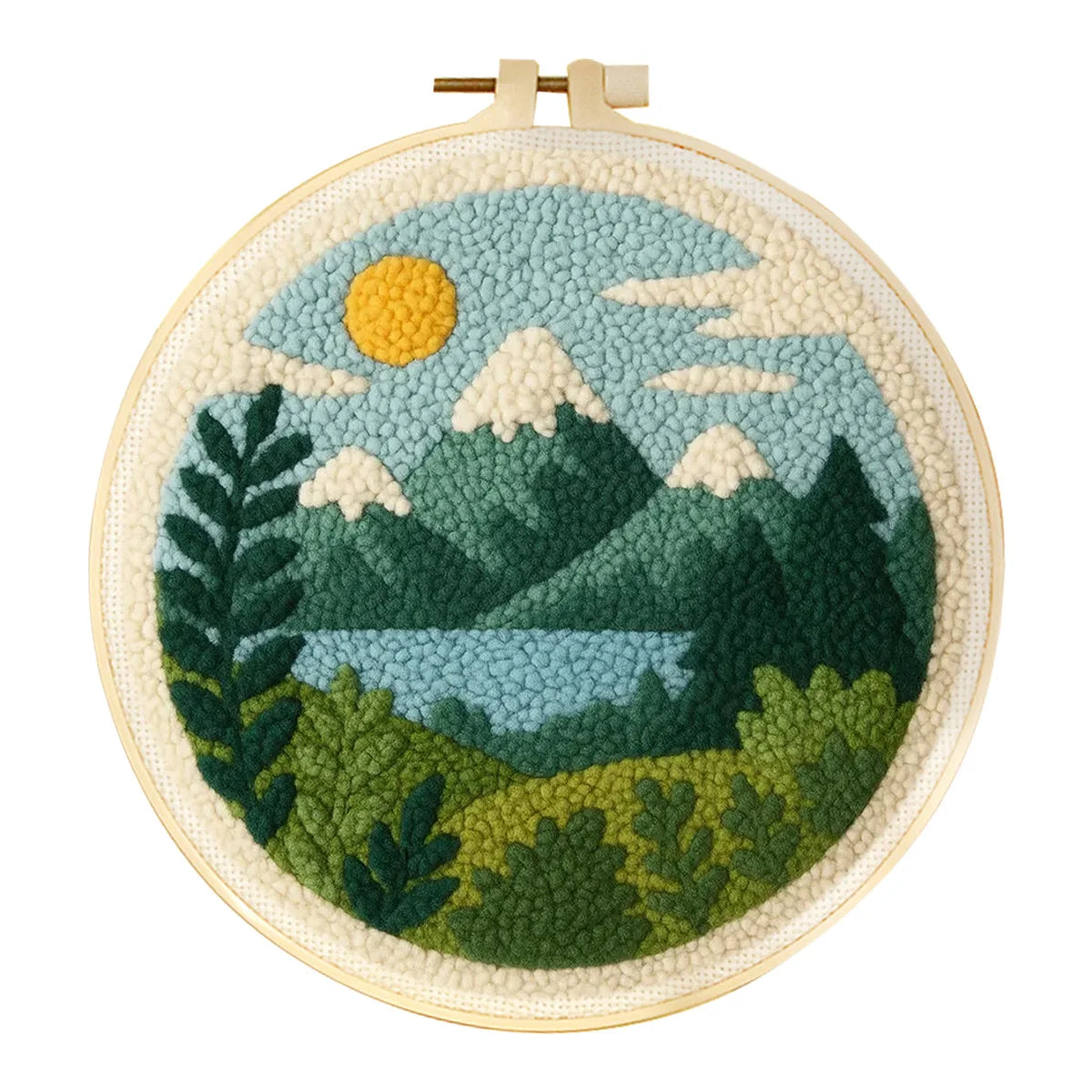 Embroidery hoop with a mountain landscape design on a white background
