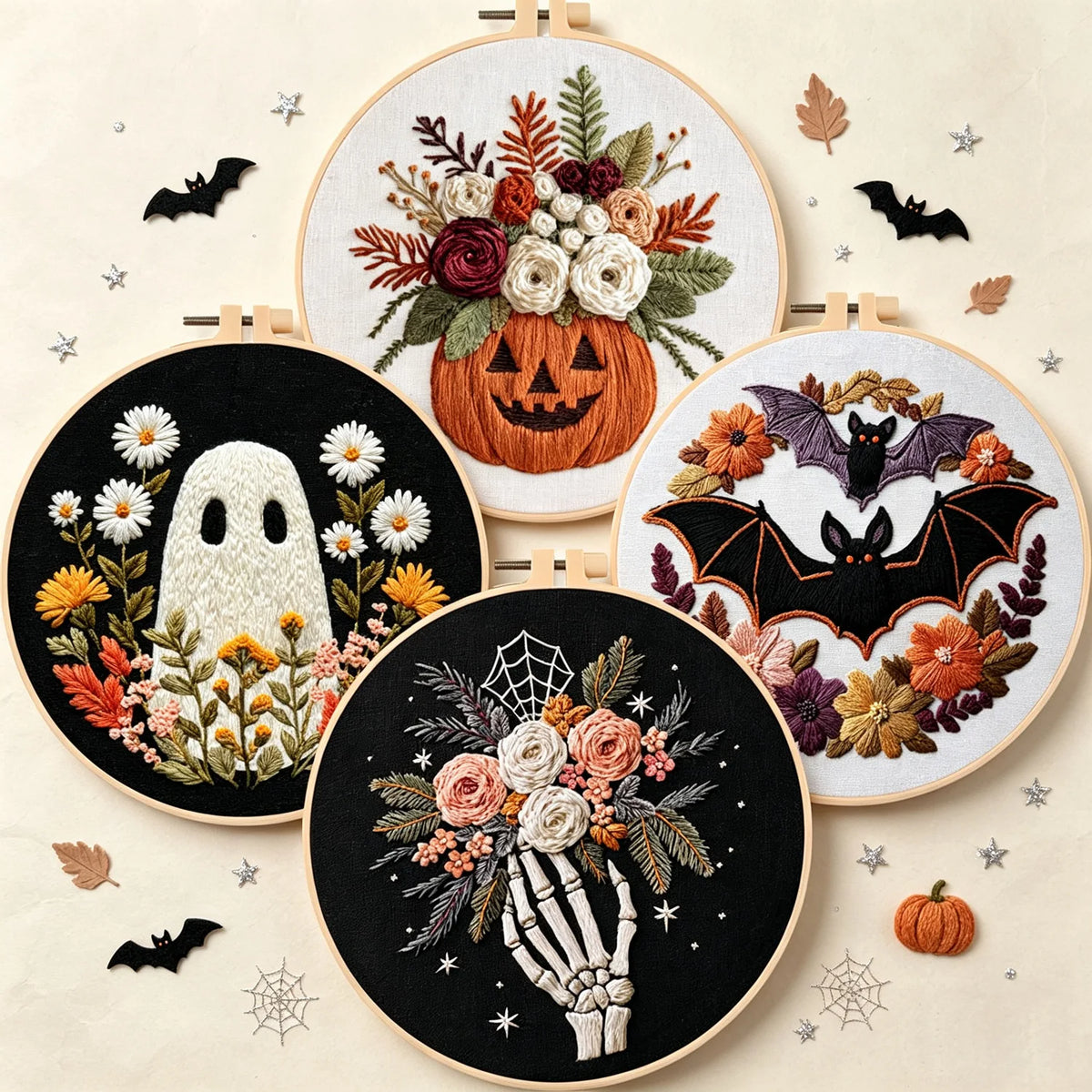 Four circular embroidery hoops arranged on a light beige background, each featuring a different Halloween-themed stitched design: a jack-o'-lantern with flowers, a ghost among daisies, a bat with autumn leaves, and a skeleton hand holding a bouquet. Small decorative leaves, bats, stars, and spiderwebs are scattered around the hoops.