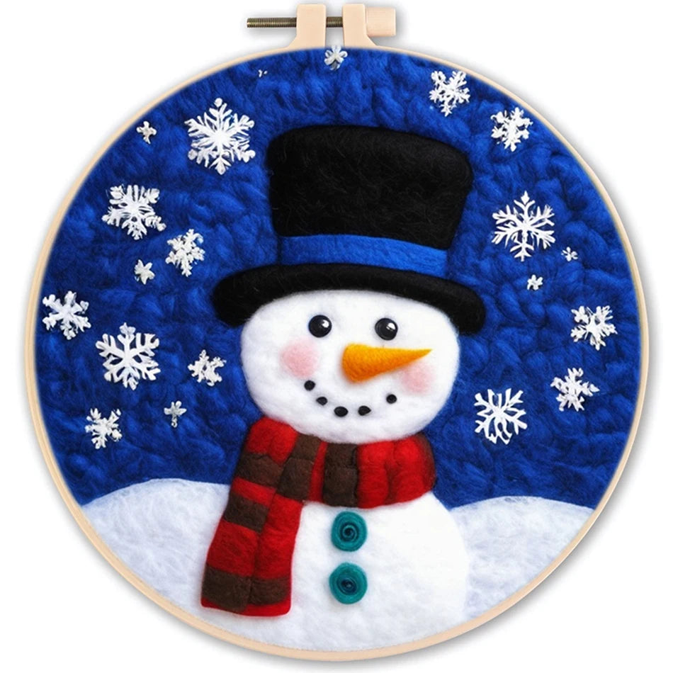 Needle felted snowman portrait, wearing a red and black scarf, black hat with snowflakes on a dark blue sky, 